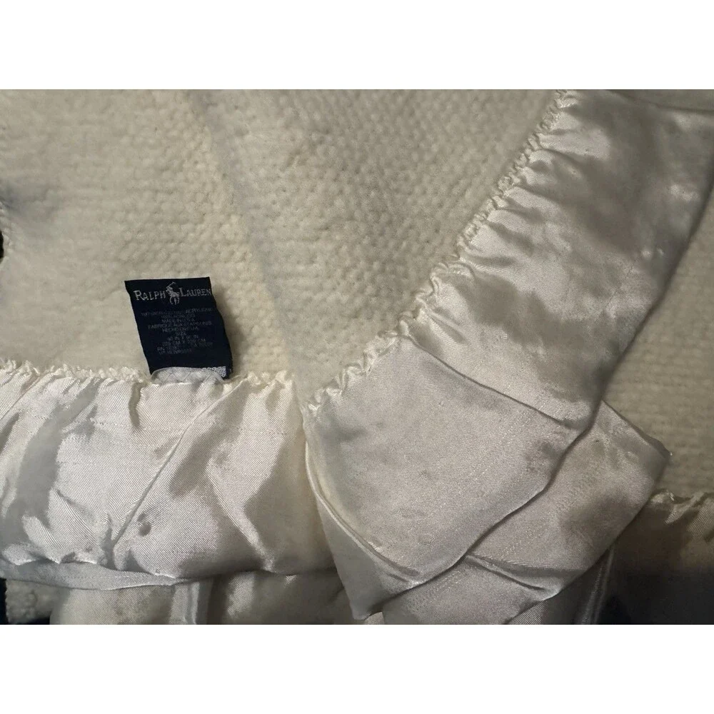 Ralph Lauren White Waffle Weave Thermal Blanket Satin Trim 90x90 Made in USA